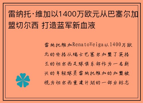 雷纳托·维加以1400万欧元从巴塞尔加盟切尔西 打造蓝军新血液