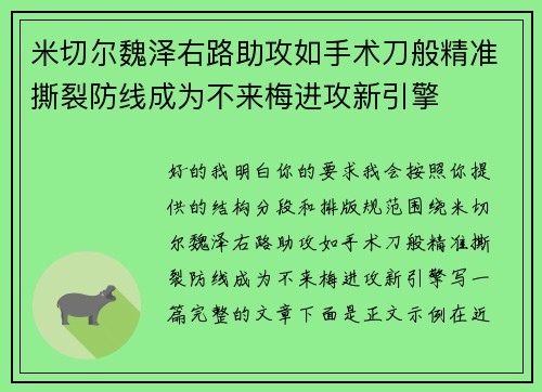 米切尔魏泽右路助攻如手术刀般精准撕裂防线成为不来梅进攻新引擎 米切尔魏泽右路助攻如手术刀般精准撕裂防线成为不来梅进攻新引擎