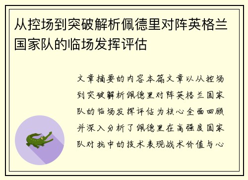 从控场到突破解析佩德里对阵英格兰国家队的临场发挥评估